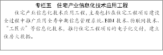 专栏五  住宅产业信息化技术应用工程
住宅产业信息化技术应用工程，主要包括在住宅工程项目建设全过程中推广应用全寿命期信息管理系统、BIM技术、物联网技术、“工匠云”等信息化技术，推行住宅工程项目的电子化交付，建立住房大数据。
